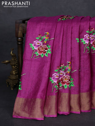Magenta Pink Pure Tussar Silk - Embroidery