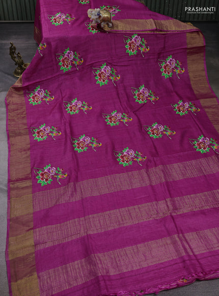 Magenta Pink Pure Tussar Silk - Embroidery