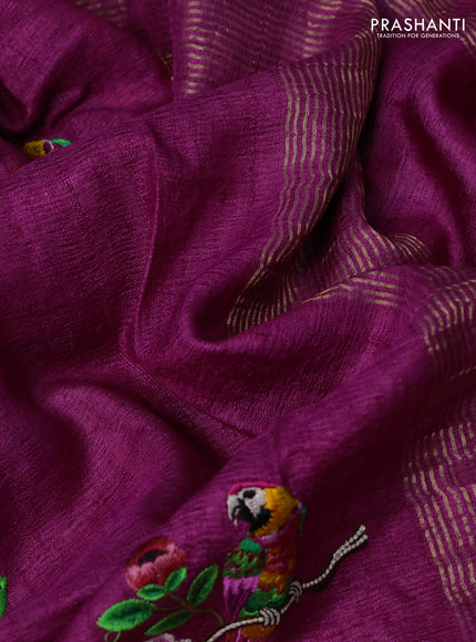 Magenta Pink Pure Tussar Silk - Embroidery