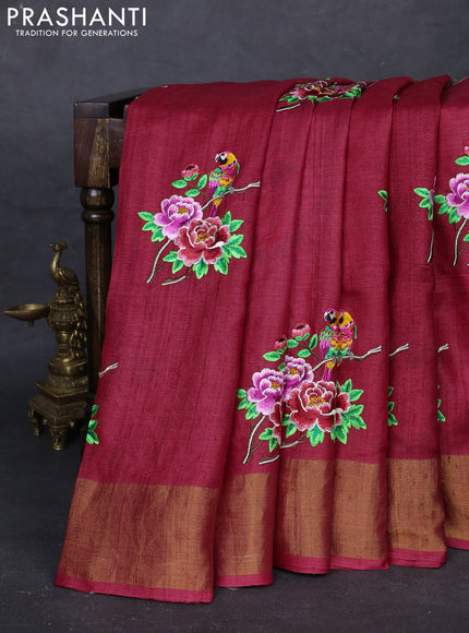 Red Pure Tussar Silk - Embroidery