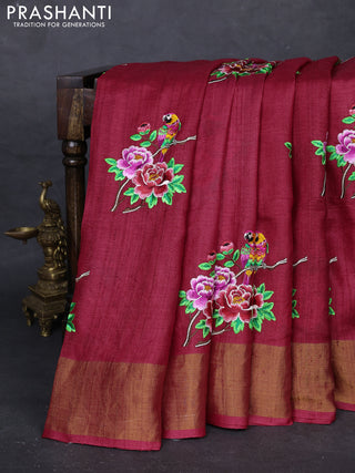 Red Pure Tussar Silk - Embroidery