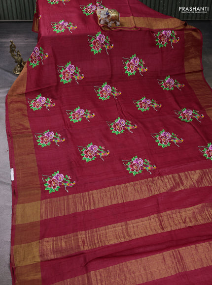 Red Pure Tussar Silk - Embroidery
