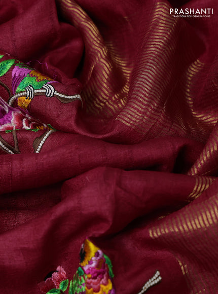 Red Pure Tussar Silk - Embroidery