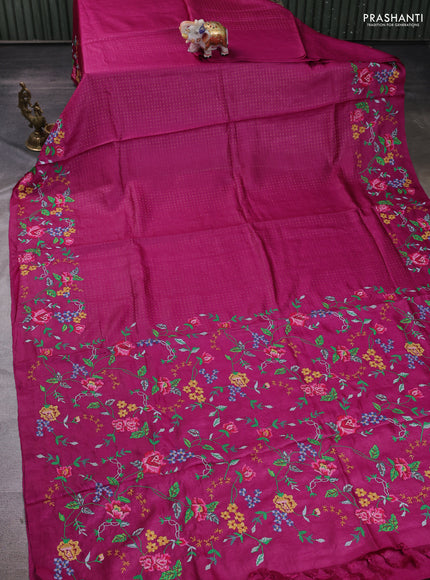Magenta Pink Pure Tussar Silk - Embroidery