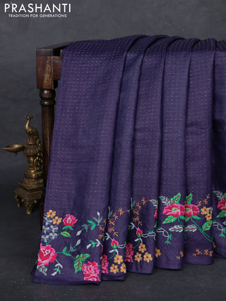 Navy Blue Pure Tussar Silk - Embroidery