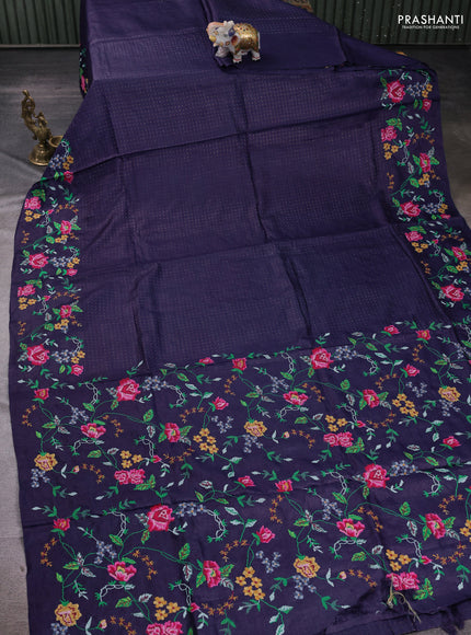Navy Blue Pure Tussar Silk - Embroidery