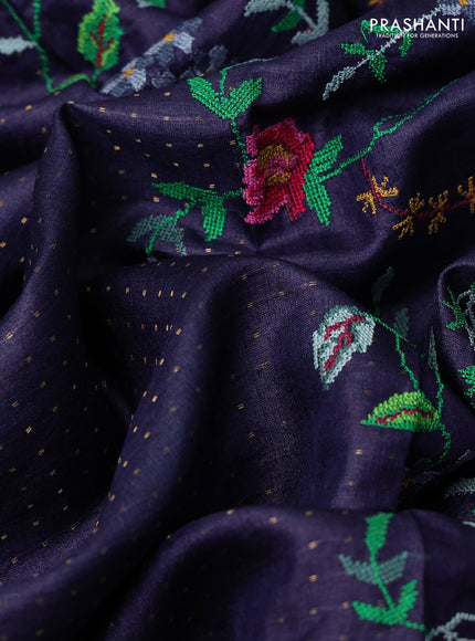 Navy Blue Pure Tussar Silk - Embroidery