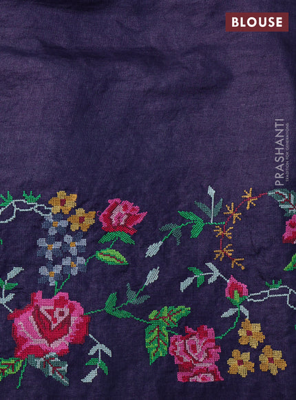 Navy Blue Pure Tussar Silk - Embroidery