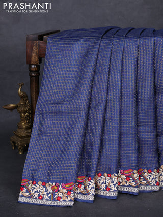 Blue Pure Tussar Silk - Embroidery