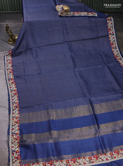 Blue Pure Tussar Silk - Embroidery