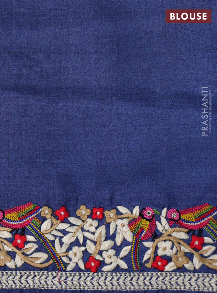 Blue Pure Tussar Silk - Embroidery
