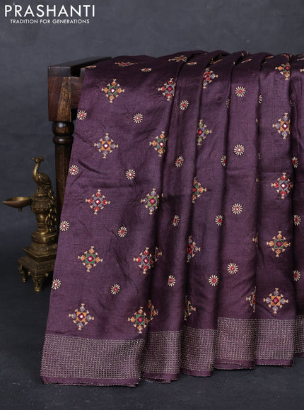 Wine Pure Tussar Silk - Embroidery
