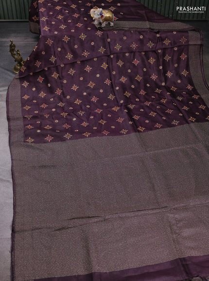 Wine Pure Tussar Silk - Embroidery