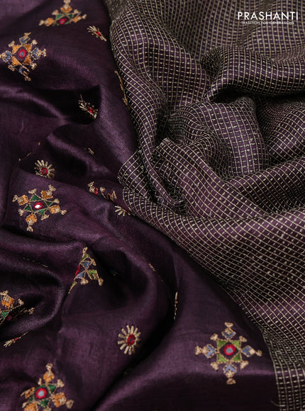 Wine Pure Tussar Silk - Embroidery