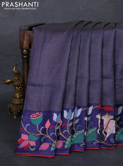 Navy Blue Pure Tussar Silk - Embroidery