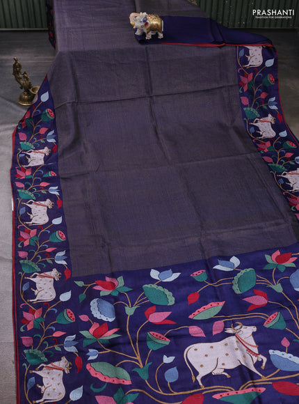 Navy Blue Pure Tussar Silk - Embroidery