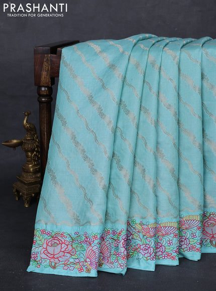 Aque Blue Pure Tussar Silk - Embroidery