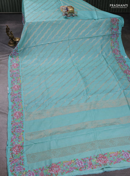 Aque Blue Pure Tussar Silk - Embroidery