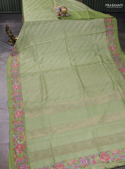 Pastel Green Pure Tussar Silk - Embroidery
