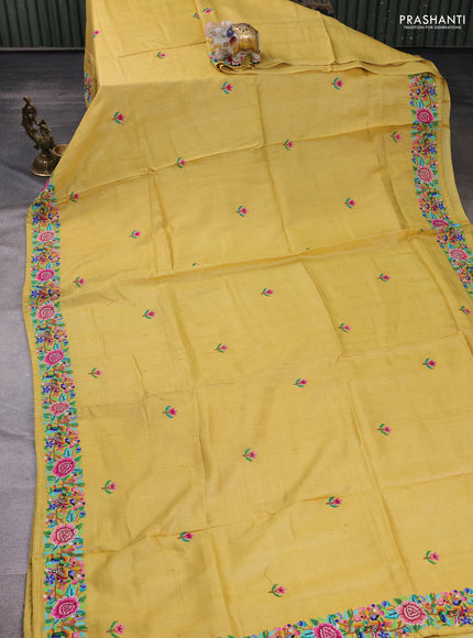 Yellow Pure Tussar Silk - Embroidery