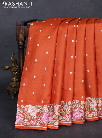 Orange Pure Tussar Silk - Embroidery
