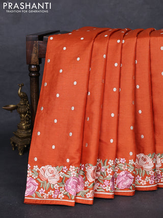 Orange Pure Tussar Silk - Embroidery