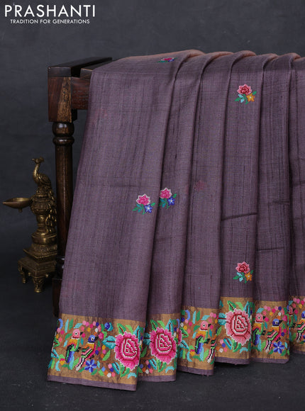 Pastel Peach & Grey Pure Tussar Silk - Embroidery