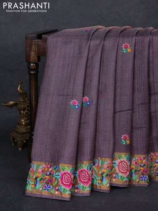 Pastel Peach & Grey Pure Tussar Silk - Embroidery