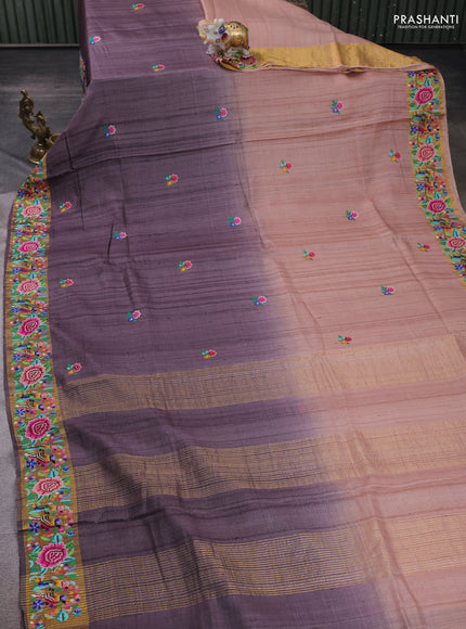 Pastel Peach & Grey Pure Tussar Silk - Embroidery