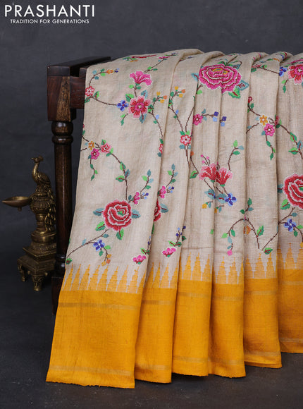 Cream & Yellow Pure Tussar Silk - Embroidery