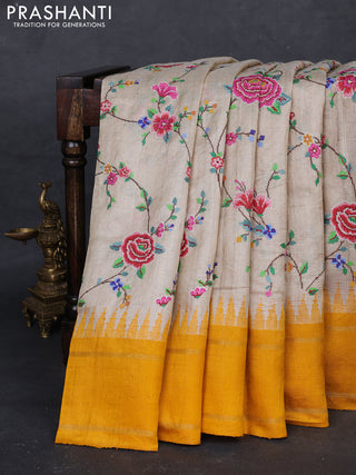 Cream & Yellow Pure Tussar Silk - Embroidery