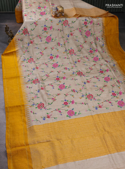 Cream & Yellow Pure Tussar Silk - Embroidery