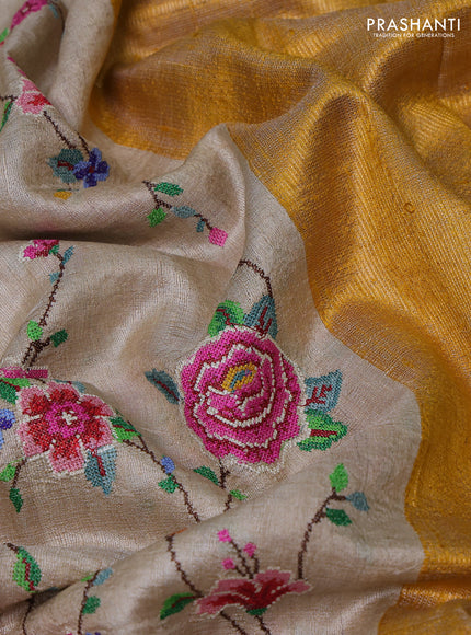 Cream & Yellow Pure Tussar Silk - Embroidery