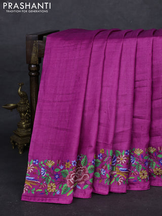 Magenta Pink Pure Tussar Silk - Embroidery