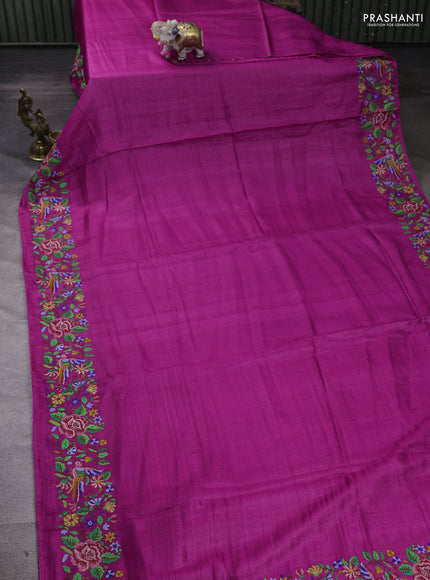 Magenta Pink Pure Tussar Silk - Embroidery