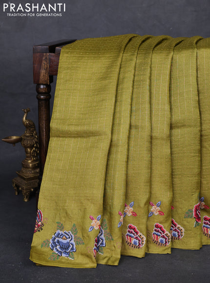 Mehendi Green Pure Tussar Silk - Embroidery