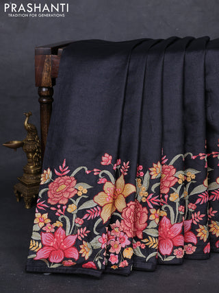 Black Pure Tussar Silk - Embroidery