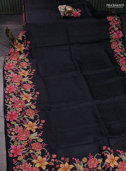 Black Pure Tussar Silk - Embroidery