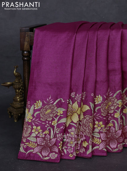 Wine Pure Tussar Silk - Embroidery