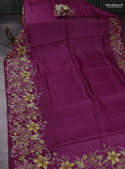 Wine Pure Tussar Silk - Embroidery
