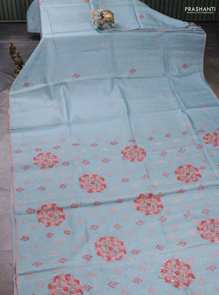 Pastel Blue Pure Tussar Silk - Embroidery