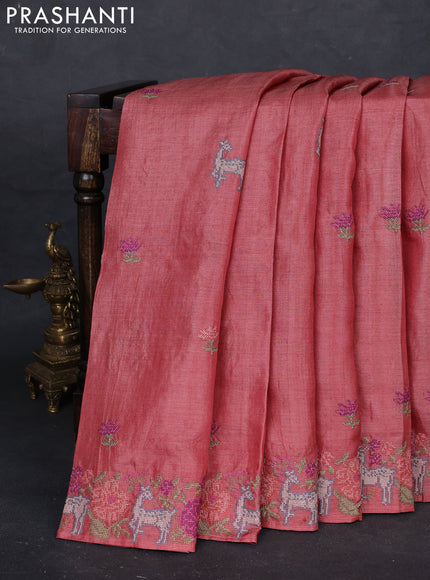 Peach Pure Tussar Silk - Embroidery