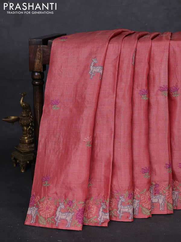 Peach Pure Tussar Silk - Embroidery