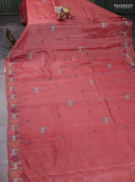 Peach Pure Tussar Silk - Embroidery