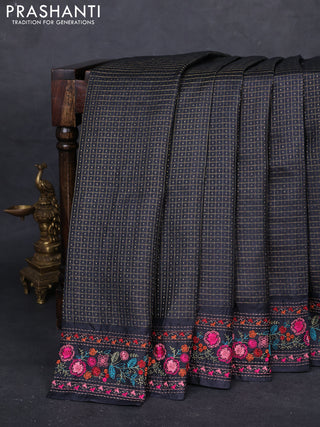 Black Pure Tussar Silk - Embroidery