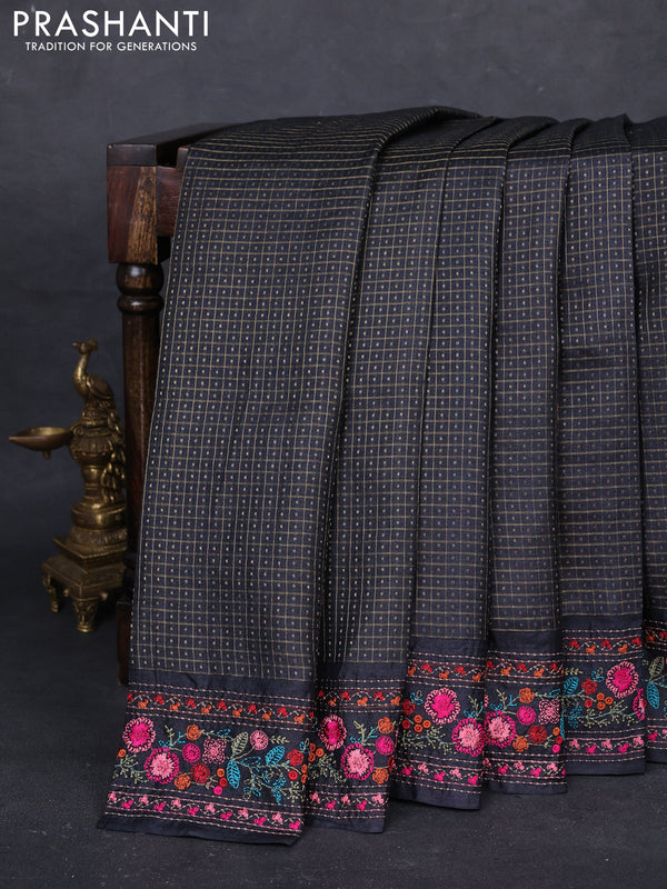 Black Pure Tussar Silk - Embroidery