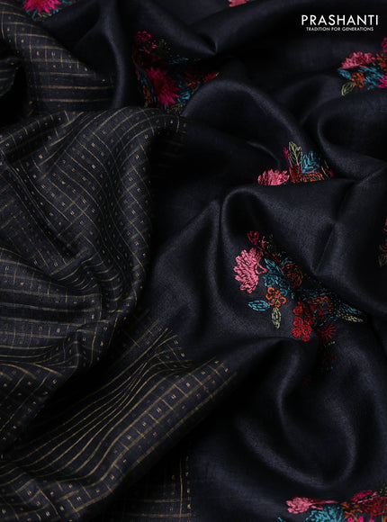 Black Pure Tussar Silk - Embroidery