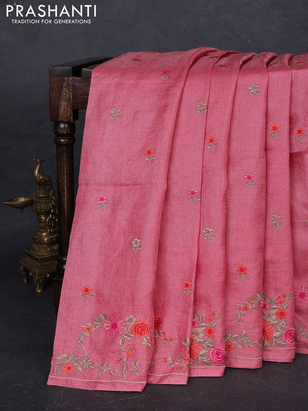 Peach Pink Pure Tussar Silk - Embroidery