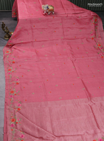Peach Pink Pure Tussar Silk - Embroidery