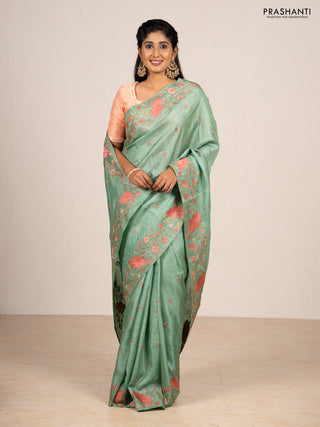 Pastel Green Pure Tussar Silk - Embroidery